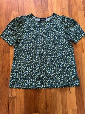 Liz Claiborne Black Tee with Blue, Green & Yellow Floral Print